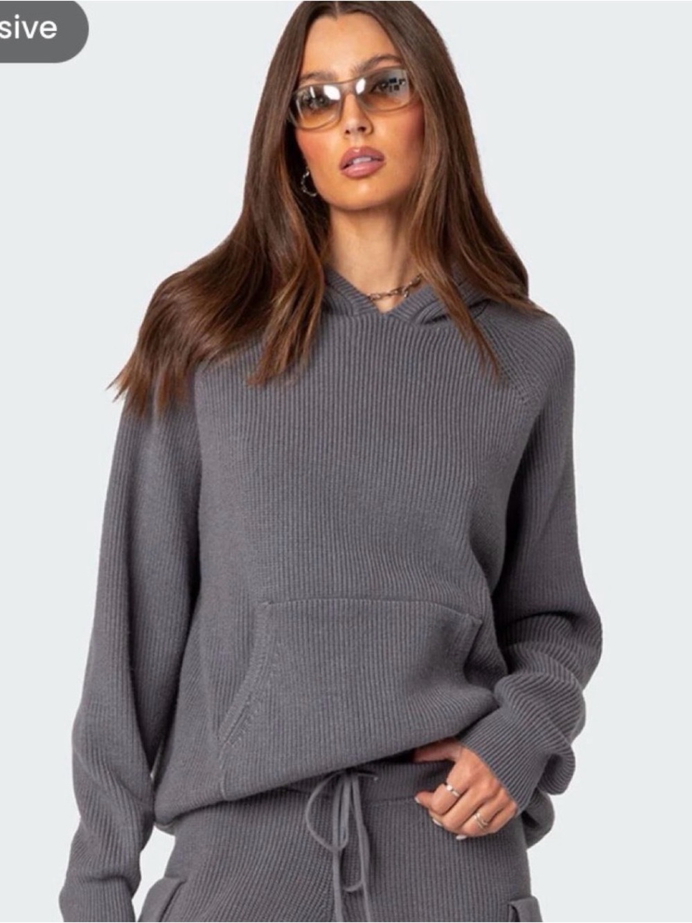 Edikted Ribbed Hooded Pullover Sweater - Gray